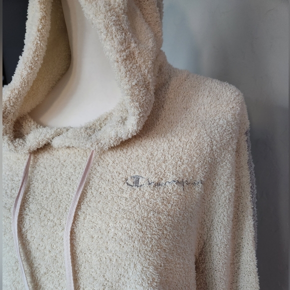 Champion Cream Teddy Fleece Semi Cropped Hoodie Sweater Long Sleeve Stripe Sz XL - Picture 3 of 12